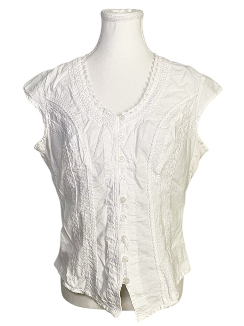 Soft Surroundings White Crinkle Cotton Embroidered Boho Button-Front Top